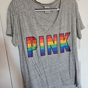 PINK Victoria's Secret Gray Tee with Rainbow Logo